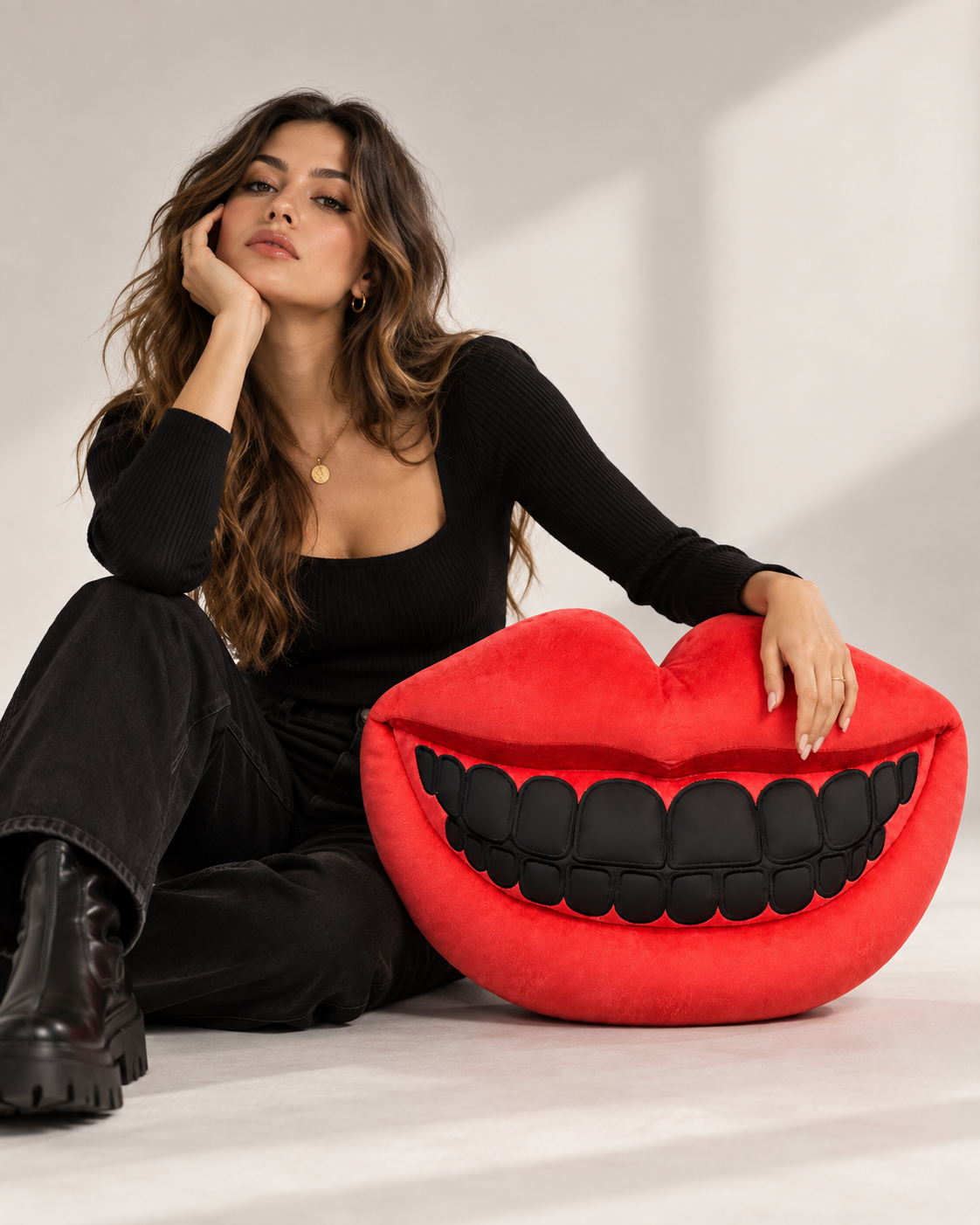 BAD MOUTH campaign portrait with BLACKOUT beside a seated model.